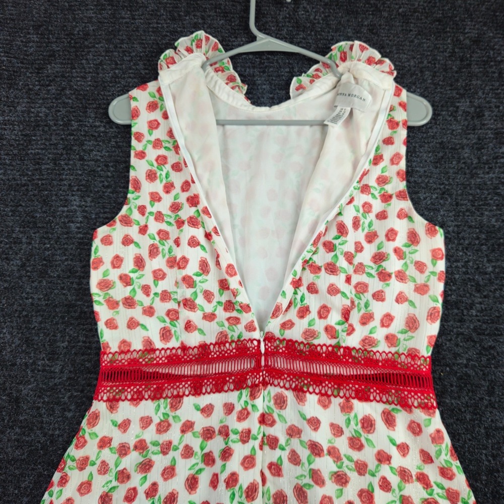 DONNA MORGAN Sleeveless Fit Flare Dress Size 8 Rose Print Ruffled Lace White Red - Picture 5 of 10